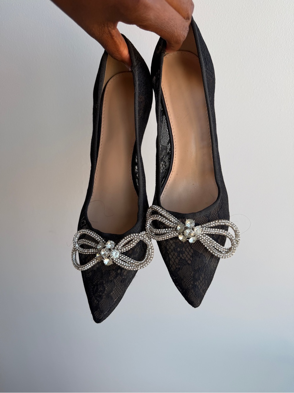Elegant Black Lace Pointed Toe Flats with Crystal Bow